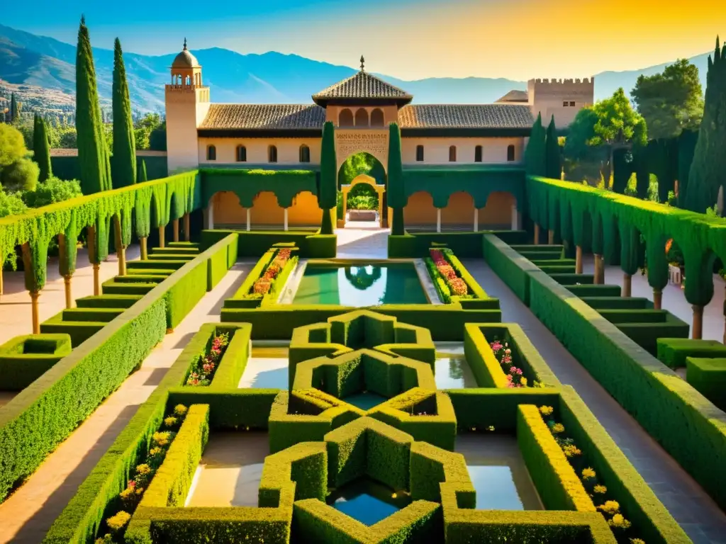 Jardines reales de la época dorada del Islam en la Alhambra, Granada: diseño islámico, fuentes ornamentadas, montañas Sierra Nevada y atmósfera serena