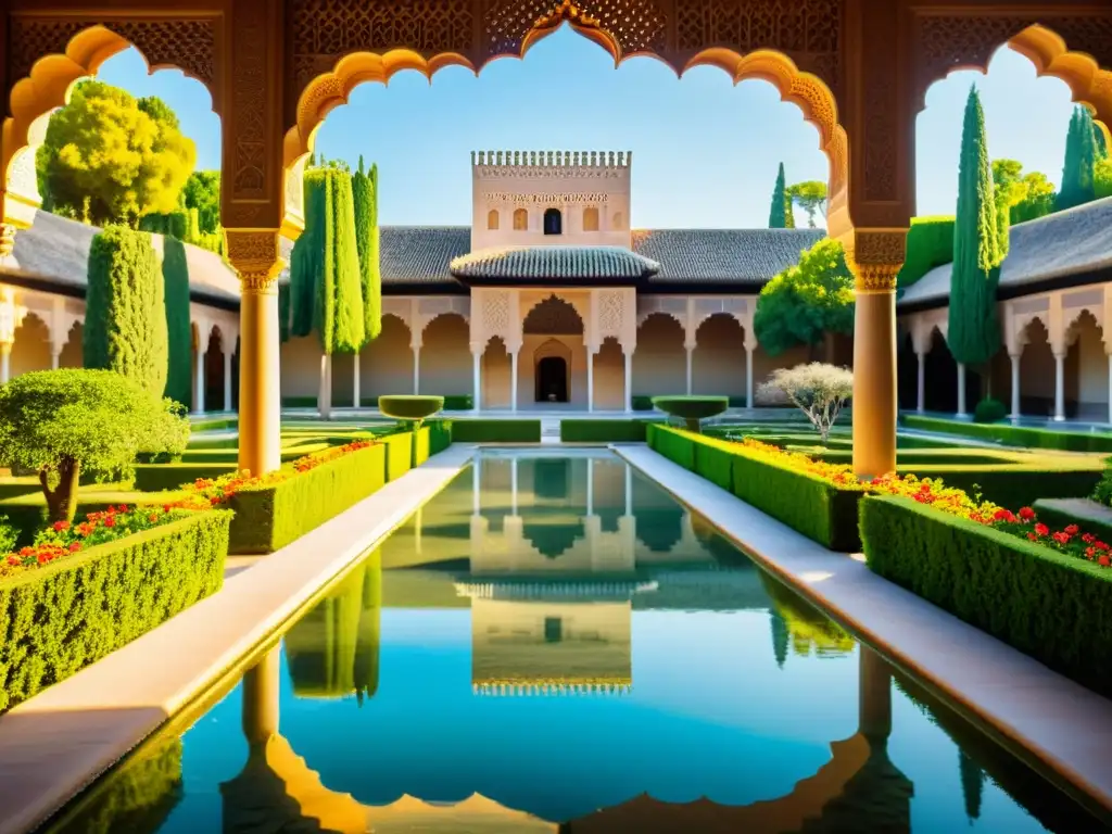 Jardines reales de la época dorada del Islam en la magnífica Alhambra, Granada: flores, agua y arquitectura en un ambiente sereno y encantador