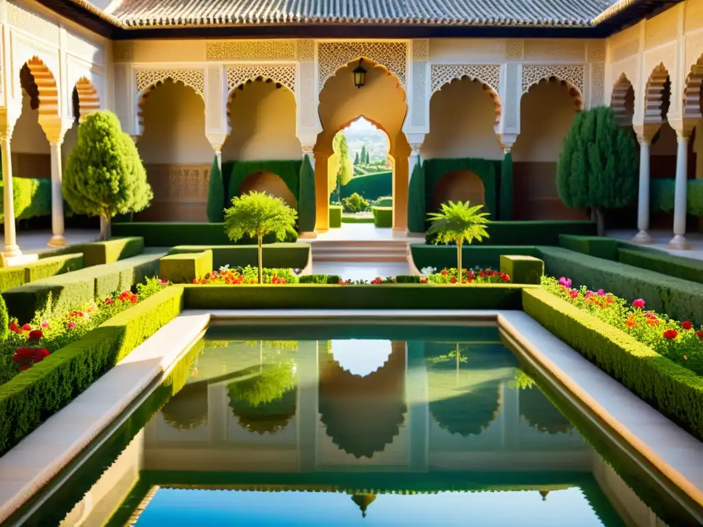 Jardines sagrados islámicos: Diseño exquisito con patrones geométricos, vegetación exuberante, flores y agua serena en la Alhambra, Granada