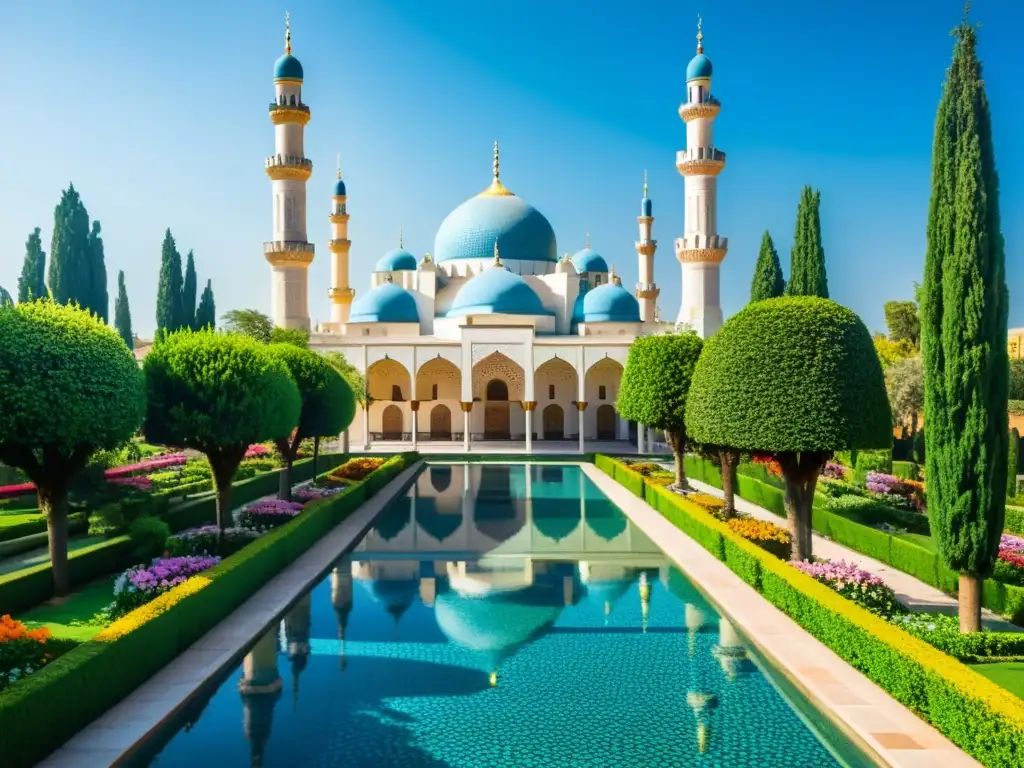 Jardines vibrantes y arquitectura de mezquitas se funden en una imagen de belleza y armonía