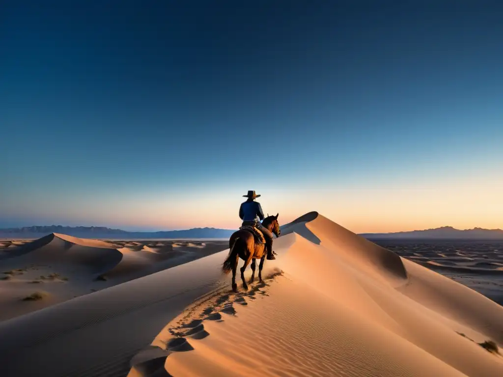 Un jinete solitario cabalga en el atardecer del desierto, evocando paralelismos entre la epopeya islámica