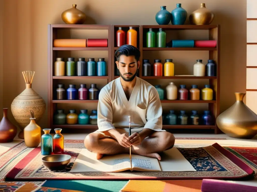 Un joven artista de caligrafía islámica se concentra en su trabajo, rodeado de colores vibrantes y luz solar en su estudio