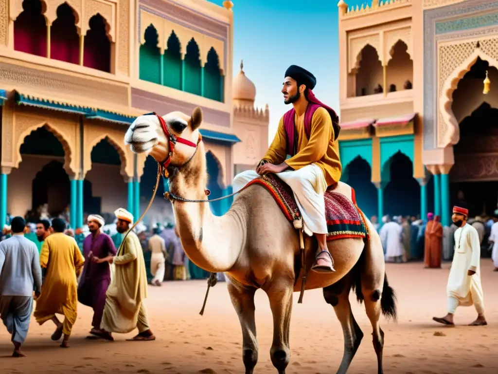 Un joven Ibn Battuta monta en un camello en un bullicioso mercado marroquí, con colores vibrantes y detalles arquitectónicos