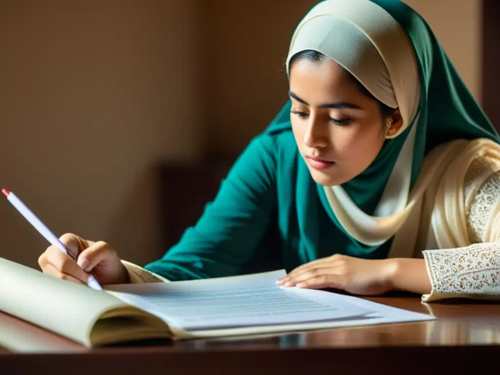 Una joven con hijab reflexiona sobre un contrato matrimonial islámico