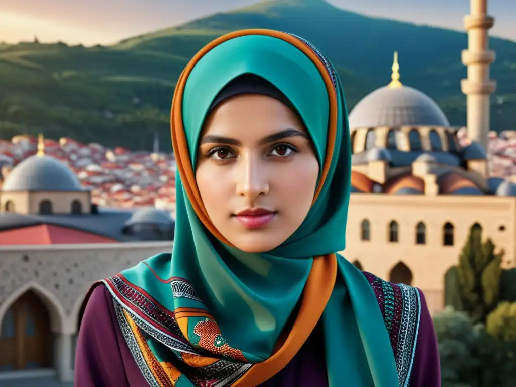 Una joven con hijab vibrante en un entorno urbano moderno que refleja la compleja cultura de Turquía