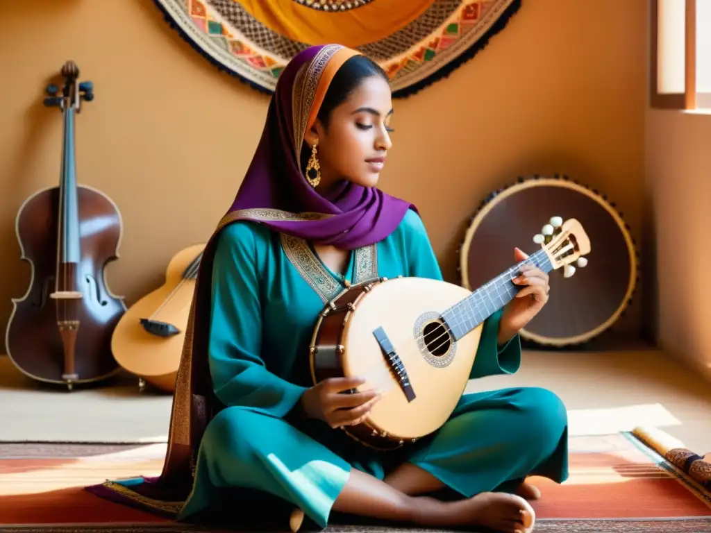 Una joven con hiyab toca el oud en una habitación soleada, rodeada de instrumentos musicales