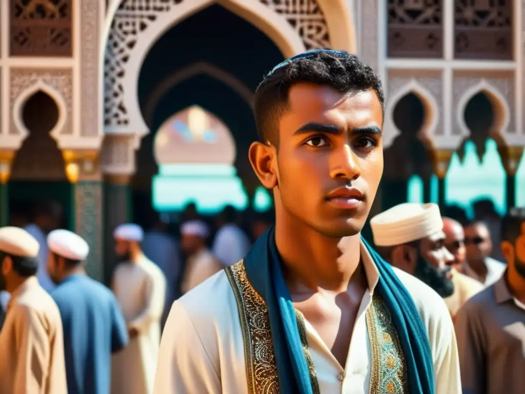 Joven Muhammad en el bullicioso mercado de La Meca, observando la diversidad