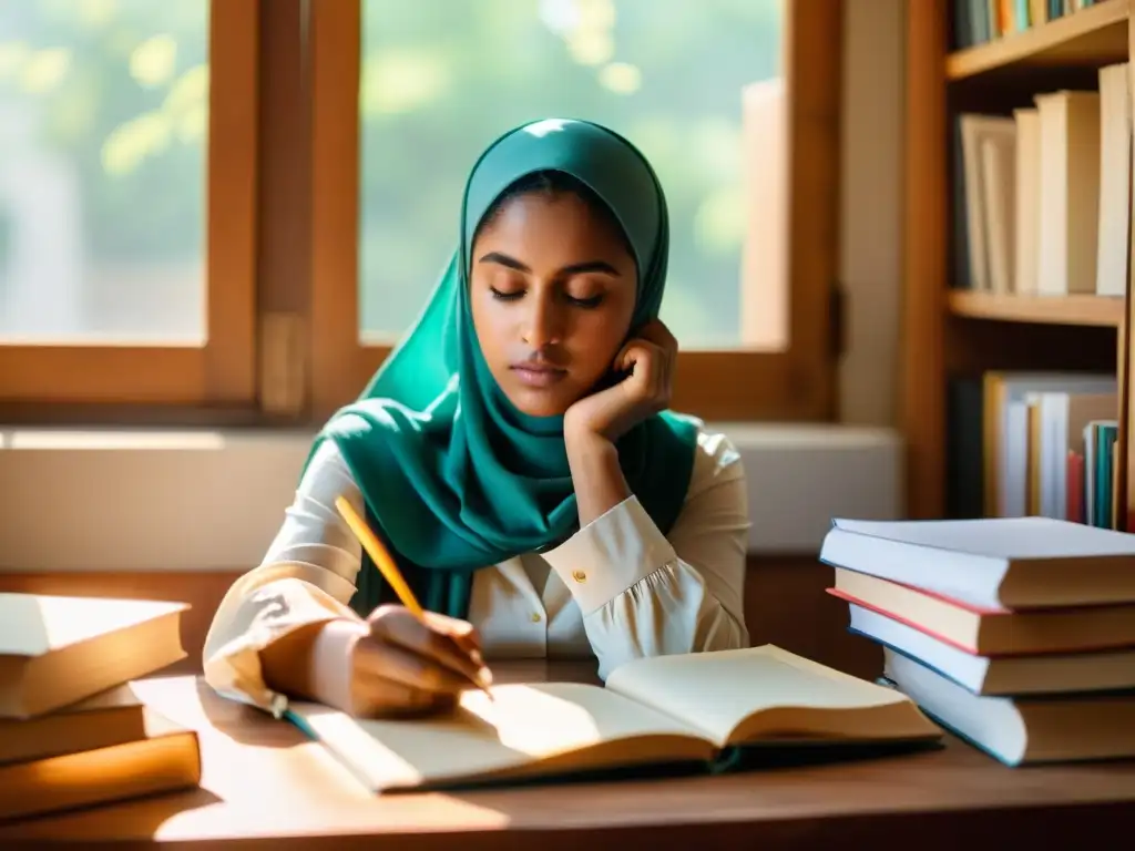 Joven mujer con hiyab, inmersa en la lectura y escritura, rodeada de libros, refleja la fuerza de las mujeres en la literatura islámica