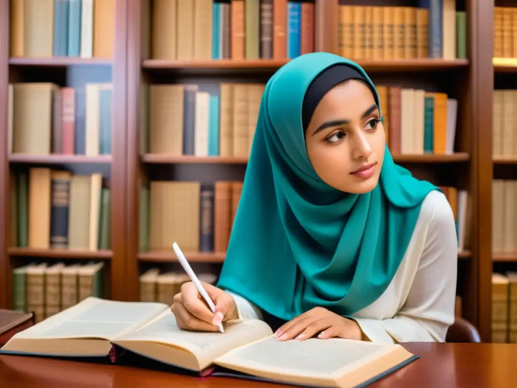 Una joven mujer musulmana, rodeada de libros antiguos, escribe con pasión en un manuscrito mientras la luz cálida ilumina su expresión determinada