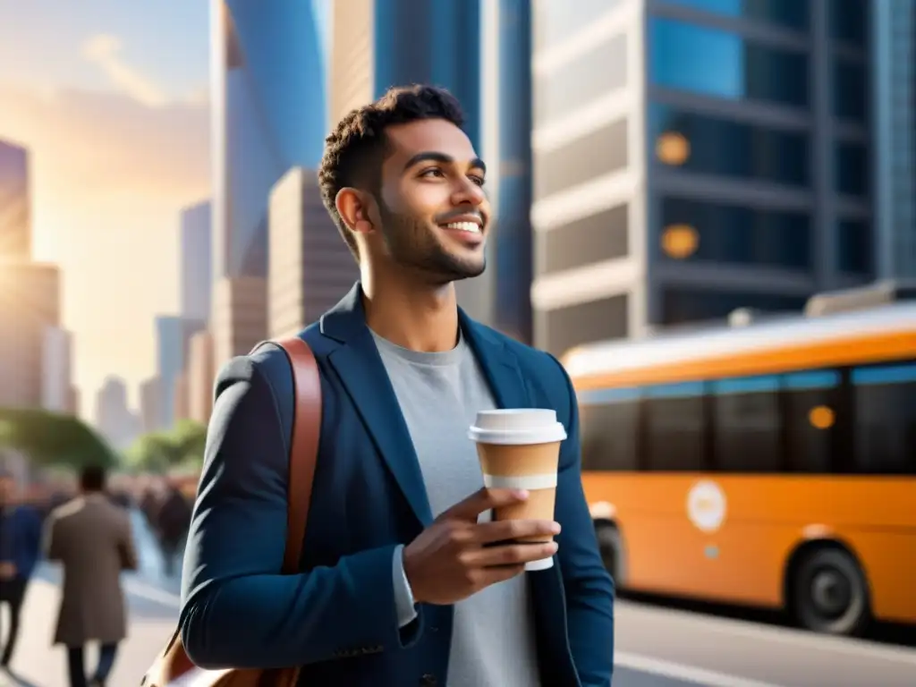 Un joven musulmán contemporáneo disfrutando de la vida diaria en la ciudad vibrante con café y smartphone en mano