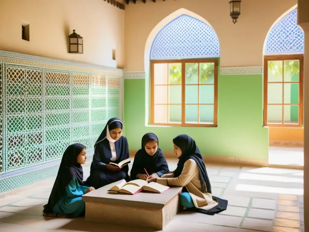 Jovenes alumnas con hijabs estudian y conversan en un tranquilo patio escolar, simbolizando la educación femenina en el islam