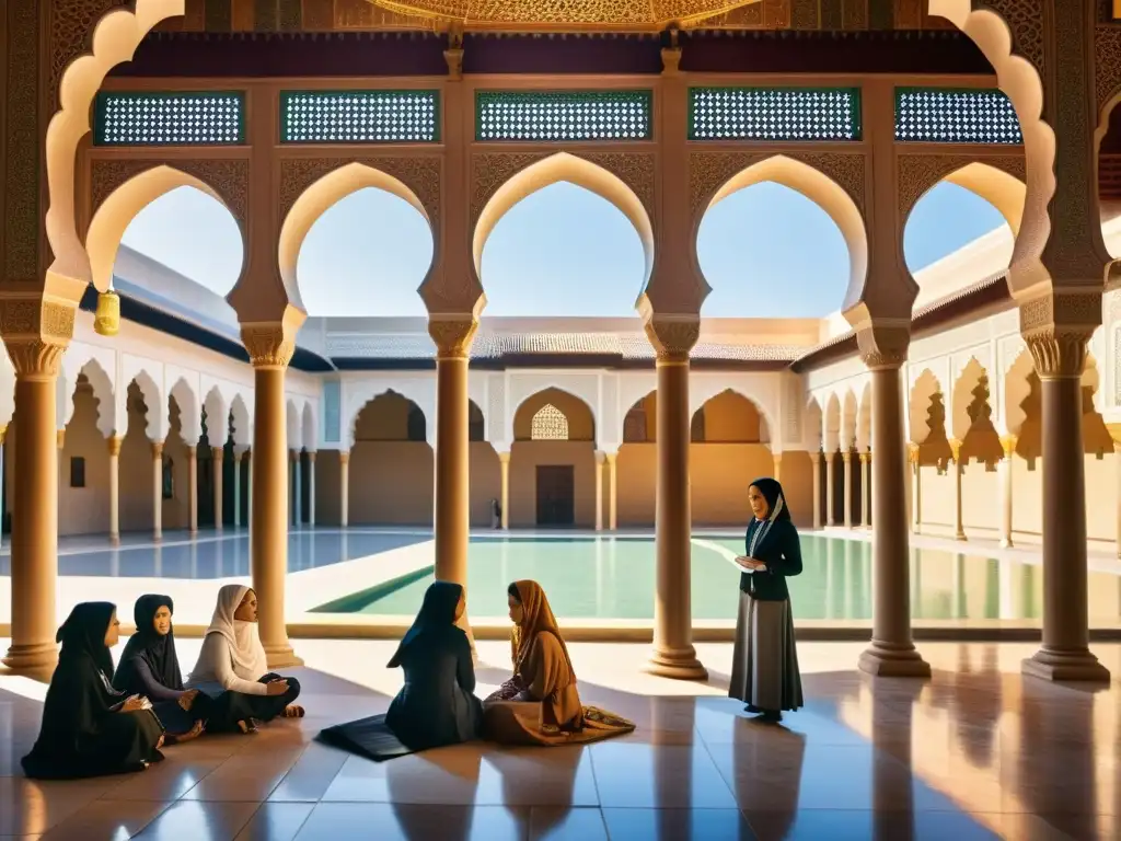 Jóvenes estudiantes en animadas discusiones y estudios bajo arcos ornamentados y muros de azulejos, mostrando la educación femenina en el islam