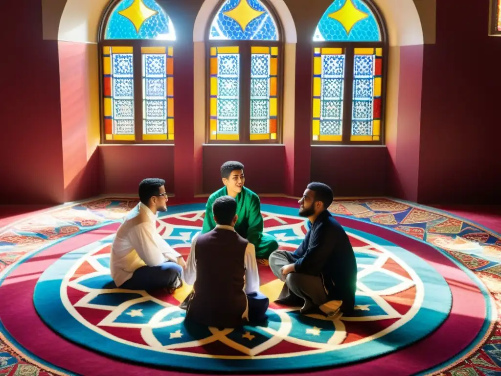 Jóvenes estudiantes musulmanes en animada discusión en sala con alfombra y ventanas de vitral, reflejando desafíos juventud musulmana identidad social