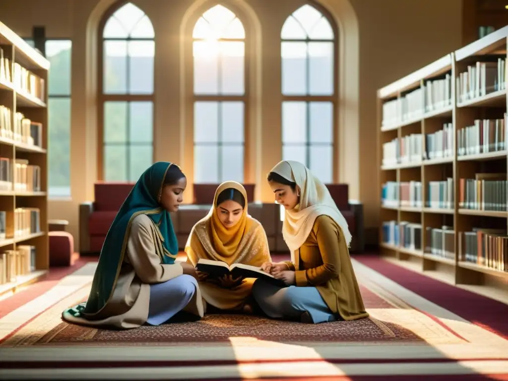 Jóvenes mujeres musulmanas estudian juntas en una biblioteca universitaria iluminada, mostrando empoderamiento en la educación islámica