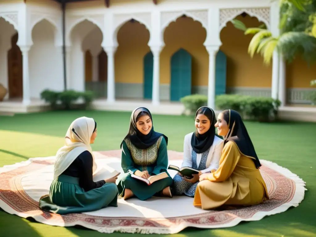 Jóvenes mujeres musulmanas en un tranquilo patio, con libros y ropa tradicional, reflejando la educación femenina en el islam