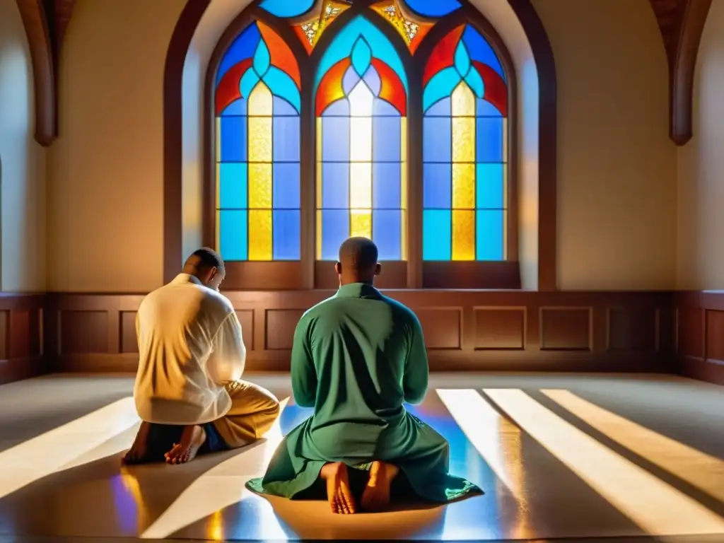 Jóvenes musulmanes afroamericanos contemporáneos rezando juntos en una mezquita, con una atmósfera de devoción y comunidad