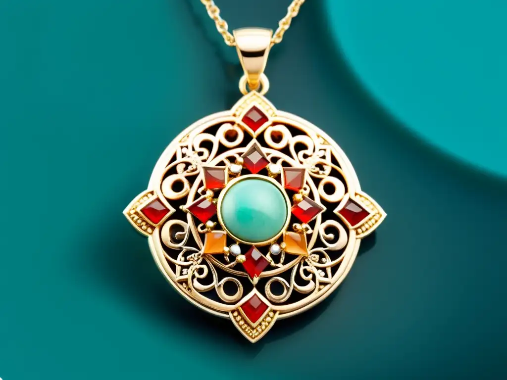Colgante islámico de plata con gemas Una joyería islámica con significado: intrincado colgante de plata con filigrana, gemas vibrantes y delicada artesanía en primer plano