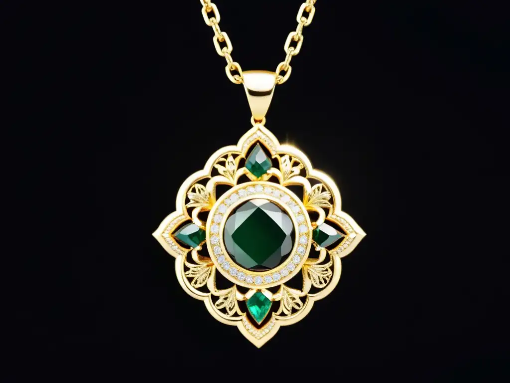 Exquisita joyería islámica: detallada elegancia Una joyería islámica con significado: una pieza tradicional con intrincados detalles y gemas brillantes sobre terciopelo oscuro