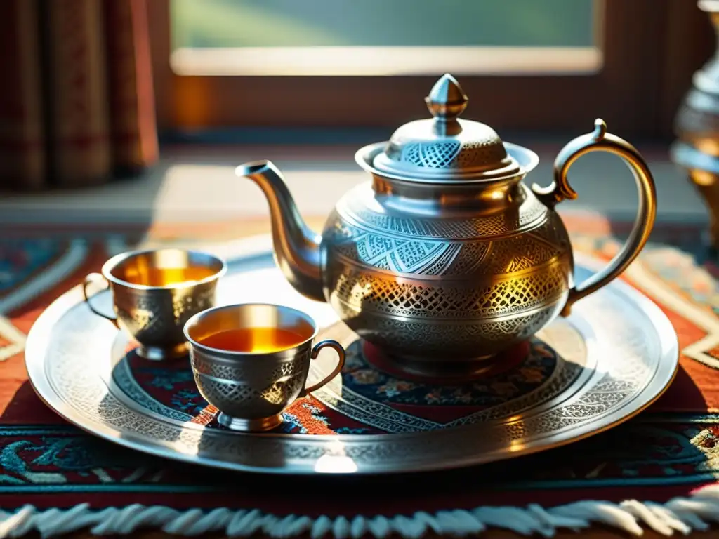 Exquisita artesanía de plata en juego de té sobre alfombra persa Un juego de té de plata cuidadosamente elaborado sobre una rica alfombra persa