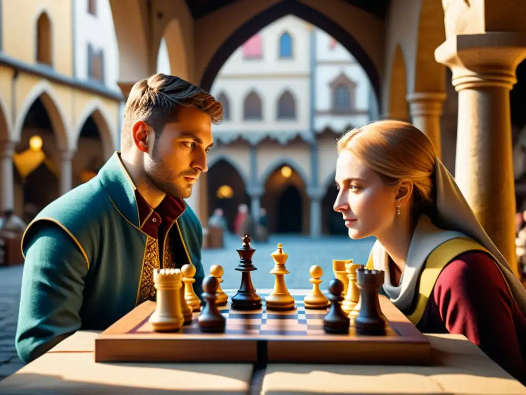 Dos jugadores de ajedrez se centran en el juego en un bullicioso mercado medieval