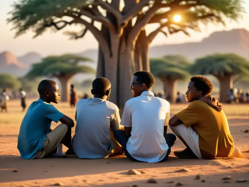 Juventud musulmana africana debatiendo bajo un baobab al atardecer, expresando esperanza y determinación en un entorno cultural auténtico