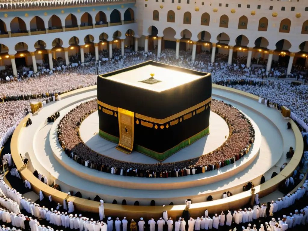 La Kaaba en Meca rodeada de peregrinos realizando el tawaf al atardecer, mostrando la unificación de los pueblos árabes en el Islam