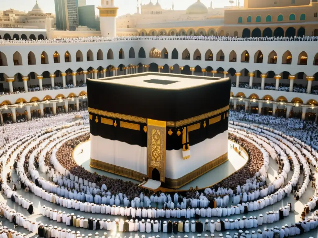 La Kaaba en la Mezquita de la Meca, llena de fieles en tawaf, proyecta una atmósfera espiritual