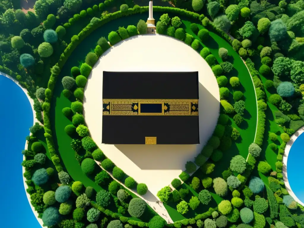 La Kaaba en Mecca rodeada de vegetación, con paneles solares integrados