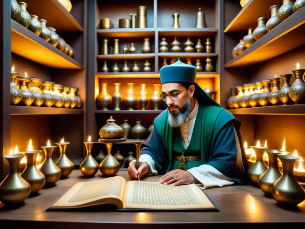 En un laboratorio de alquimia islámica, un erudito estudia antiguos manuscritos rodeado de instrumentos místicos