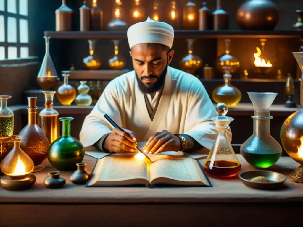 Jabir Ibn Hayyan en su laboratorio de alquimia, rodeado de instrumentos antiguos y manuscritos