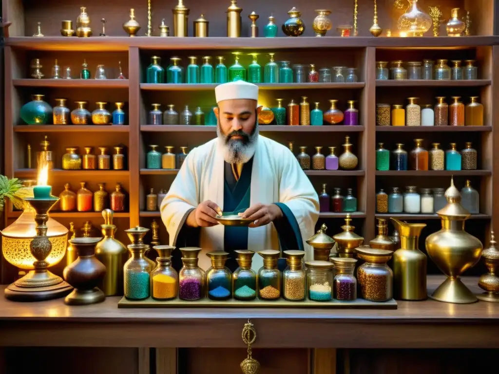 Un laboratorio alquímico del Islam dorado, lleno de instrumentos y manuscritos antiguos