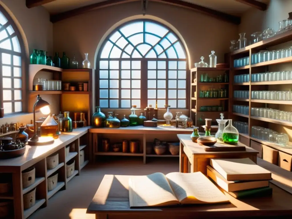 AlRazi en su laboratorio: un retrato histórico de la química islámica Un laboratorio de AlRazi rebosante de instrumentos científicos, notas manuscritas y libros antiguos