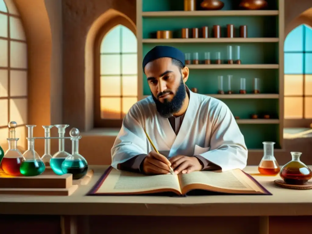 Jabir Ibn Hayyan en su laboratorio, realizando experimentos con concentración