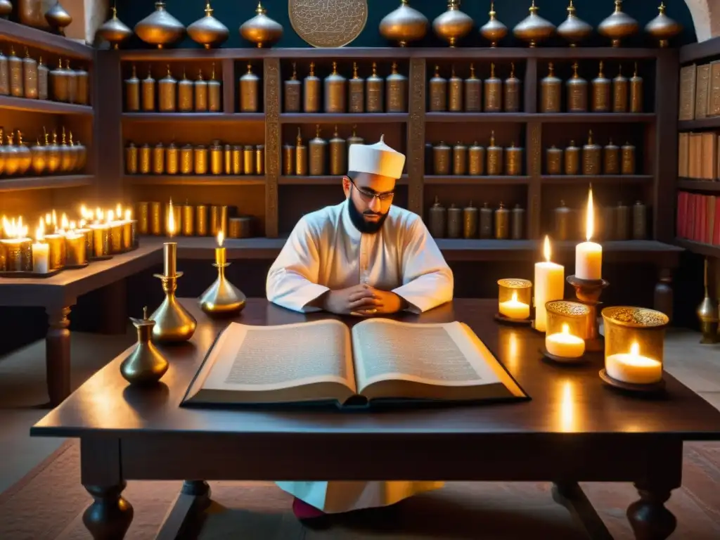 En el laboratorio islámico antiguo, Razi y sus colegas discuten frente al Kitab al-Asrar