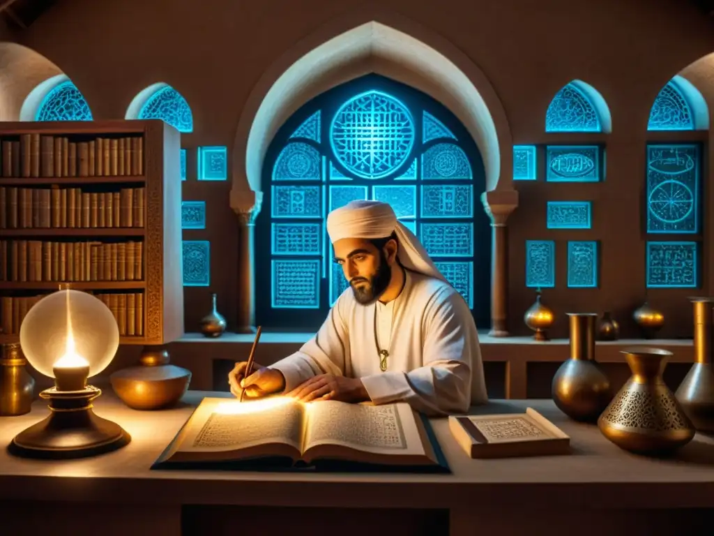 En un laboratorio islámico antiguo, Ibn alHaytham realiza experimentos sobre la luz y la visión, rodeado de instrumentos científicos y pergaminos