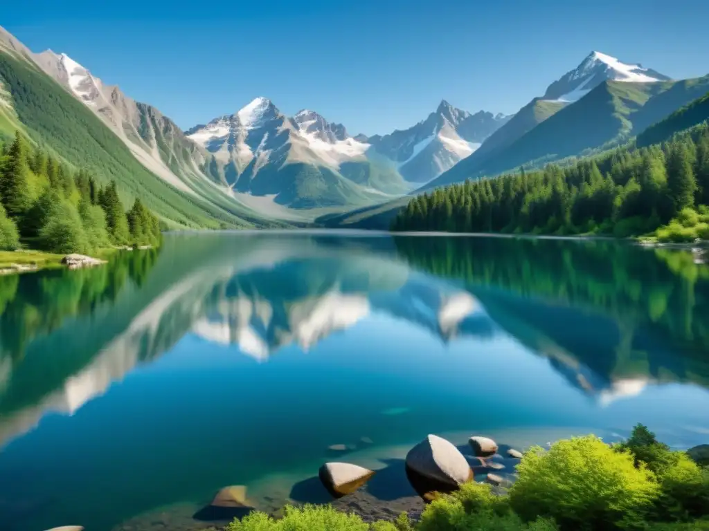 Un lago de montaña sereno rodeado de exuberante vegetación y picos nevados reflejados en el agua cristalina