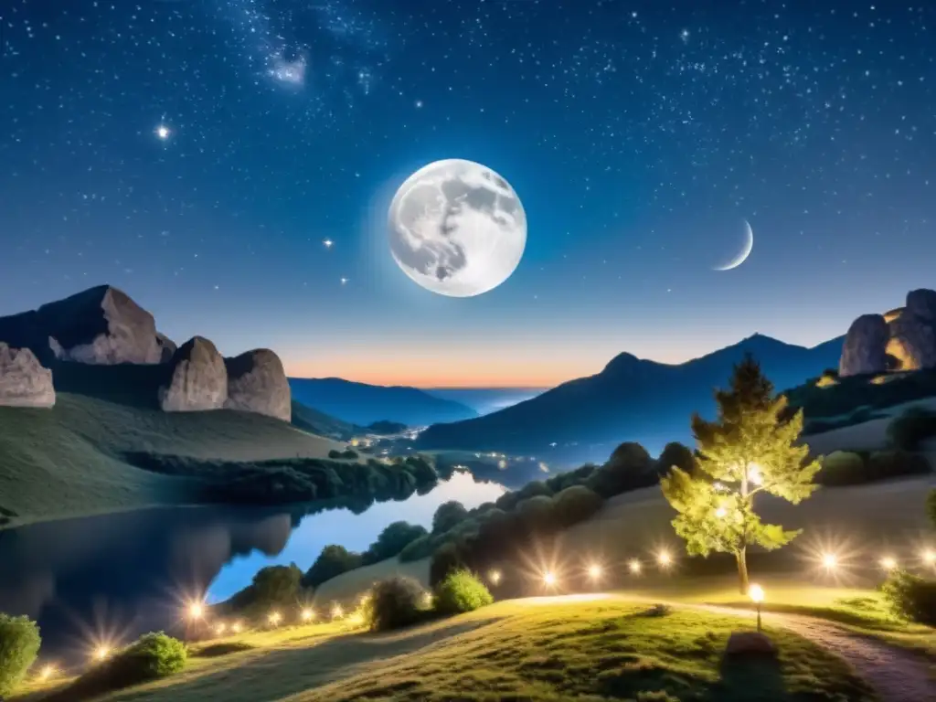 Lailat al-Qadr significado y tradición: una impresionante imagen del cielo nocturno, con la brillante luna llena entre las estrellas centelleantes