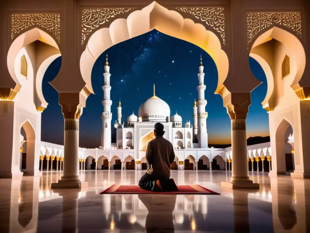 Lailat alQadr significado y tradición: Noche serena, mezquita iluminada por la luz de la luna, oración y sentido de reverencia