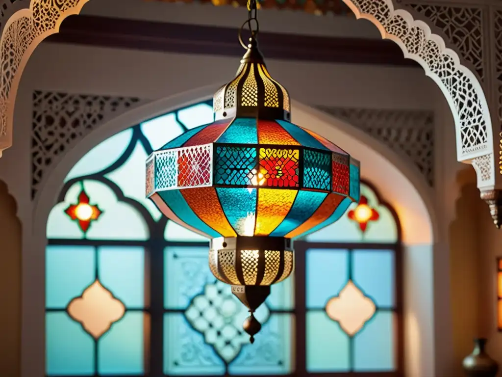 Una lámpara marroquí de cristal de colores y metal, iluminando una lujosa habitación islámica