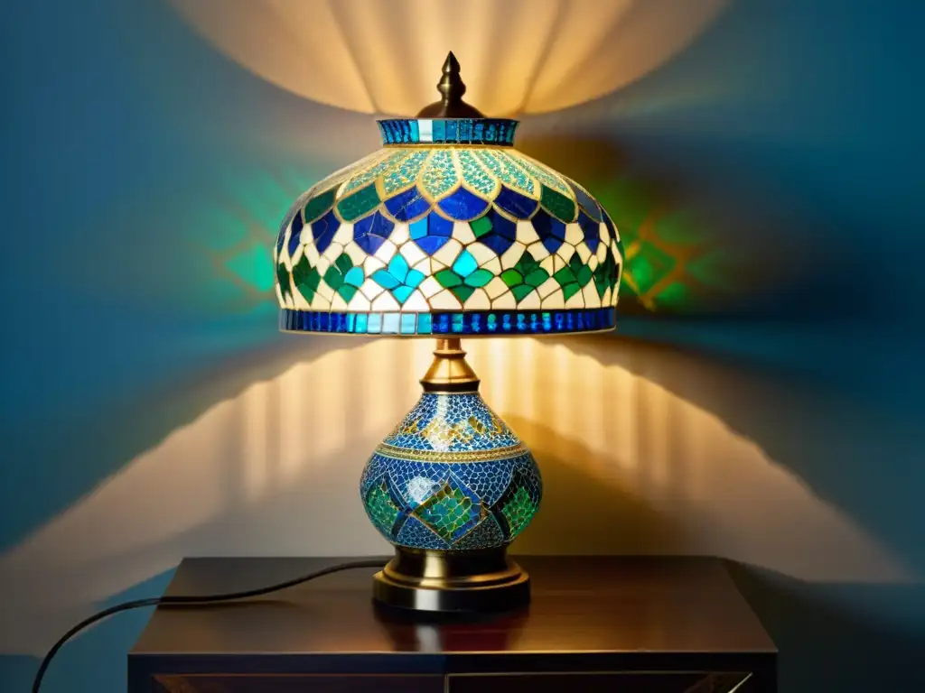 Una lámpara de mosaico islámico iluminada en una habitación lujosa y decorada con textiles y azulejos, evocando opulencia y riqueza cultural