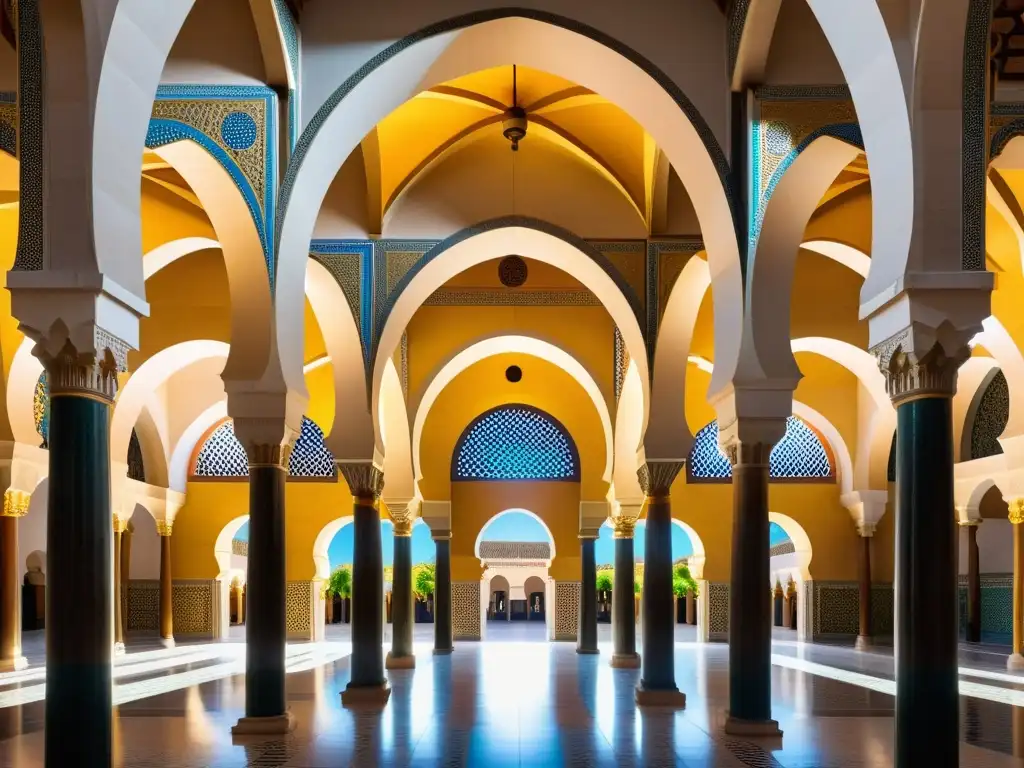 Legado del Califato de Córdoba: Imagen realista de la Gran Mezquita-Catedral, resaltando sus arcos, mosaicos y juego de luces y sombras