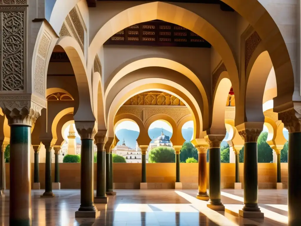 El legado del Califato de Córdoba cobra vida en esta impresionante imagen de la Gran Mezquita, con sus arcos de herradura, patrones geométricos y la icónica doble arquería roja y blanca, bañados por la cálida luz del sol, resaltando su