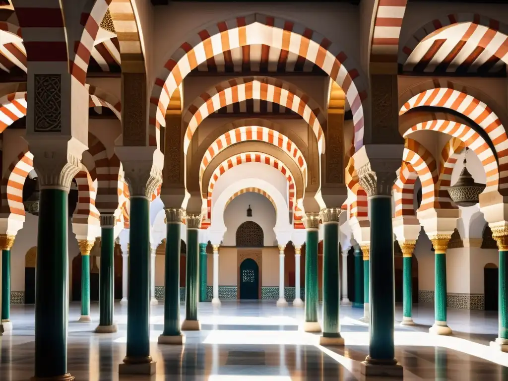 El Legado del Califato de Córdoba cobra vida en esta impresionante imagen de la Gran Mezquita, con sus arcos rojos y blancos y la luz filtrándose a través de ellos, creando una atmósfera de serenidad y asombro