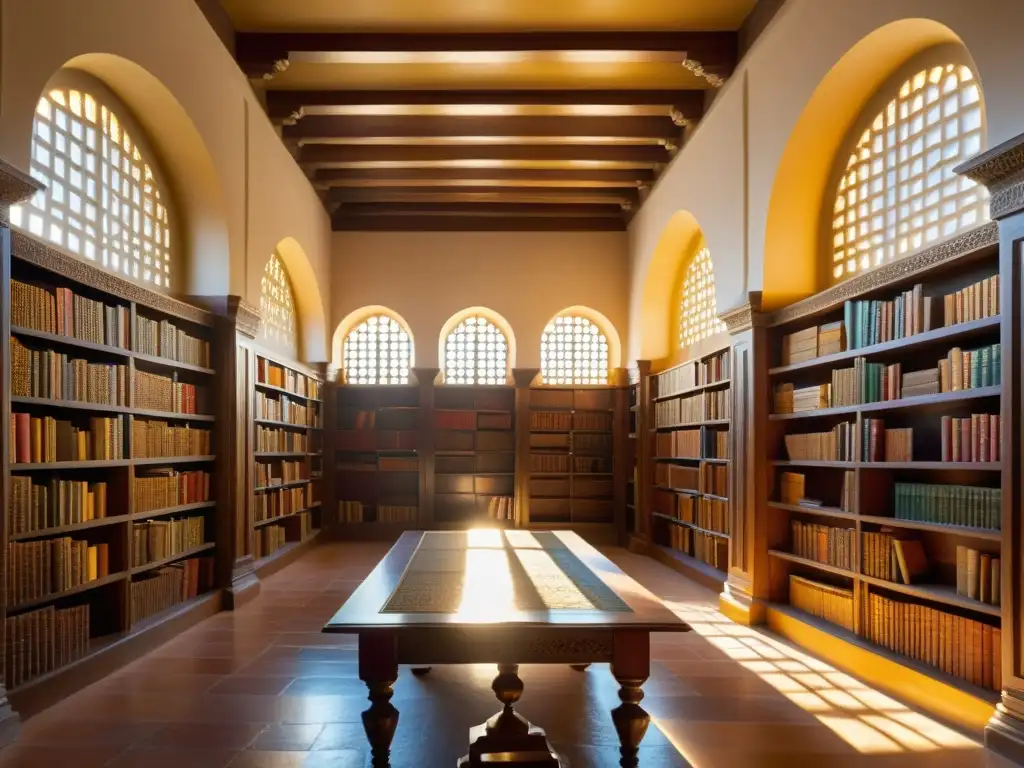 Legado científico de AlÁndalus: Antigua biblioteca andaluza llena de manuscritos iluminados