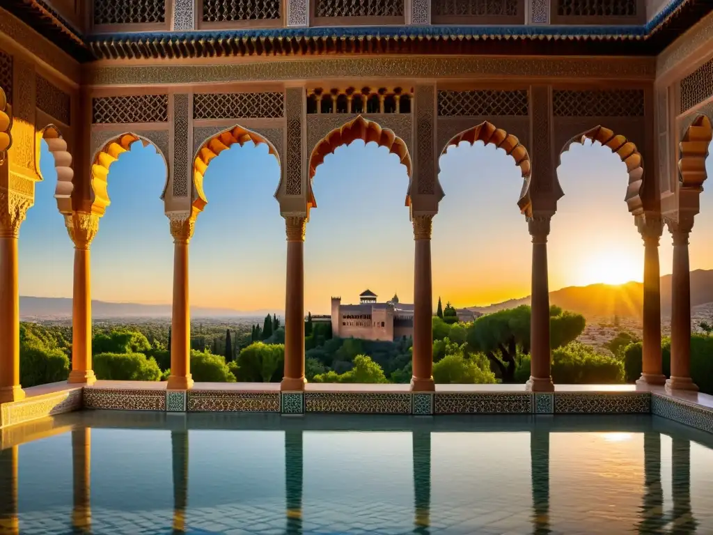 El legado científico de AlÁndalus brilla en la majestuosa arquitectura de la Alhambra al atardecer, resaltando su belleza y sofisticación