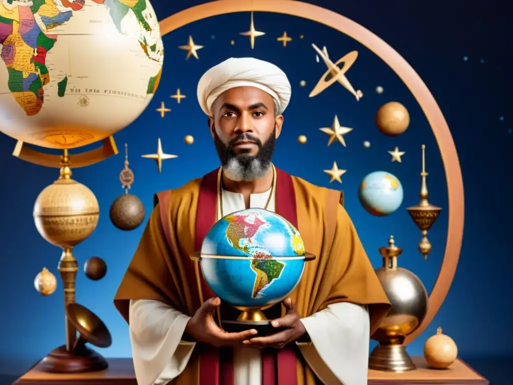 AlBiruni, legado científico musulmán en un mundo contemporáneo diverso, con instrumentos científicos y símbolos culturales