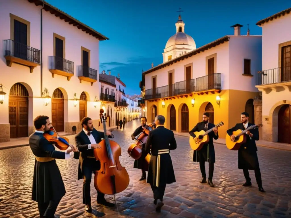 Legado jarcha mozárabe cultura hispanoárabe: Una ciudad española moderna al atardecer, iluminada por faroles y músicos interpretando jarcha