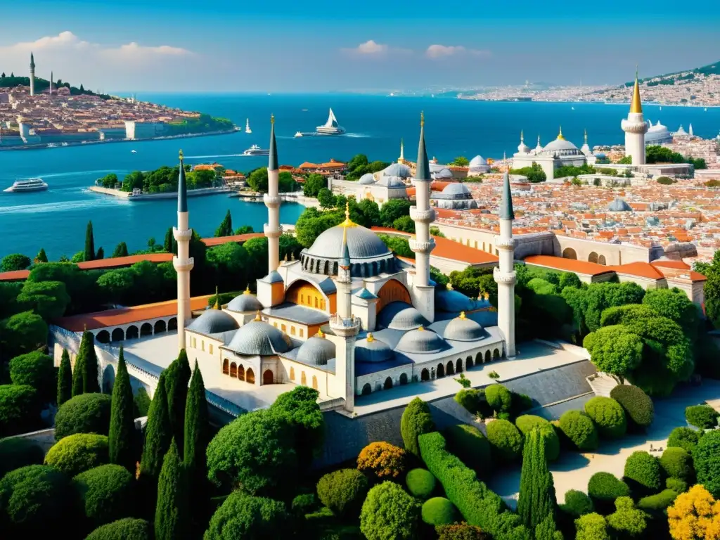 El legado cultural del Sultanato de Solimán el Magnífico cobra vida en esta impresionante imagen del Palacio Topkapi en Estambul, Turquía, con su exquisita arquitectura, jardines exuberantes y el resplandor dorado del atardecer