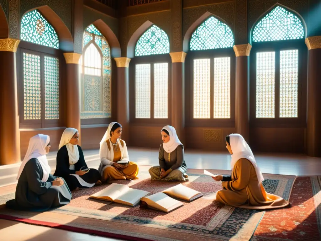 Legado de las damas médicas islámicas reunidas en una biblioteca medieval, intercambiando sabiduría y pasión por la curación