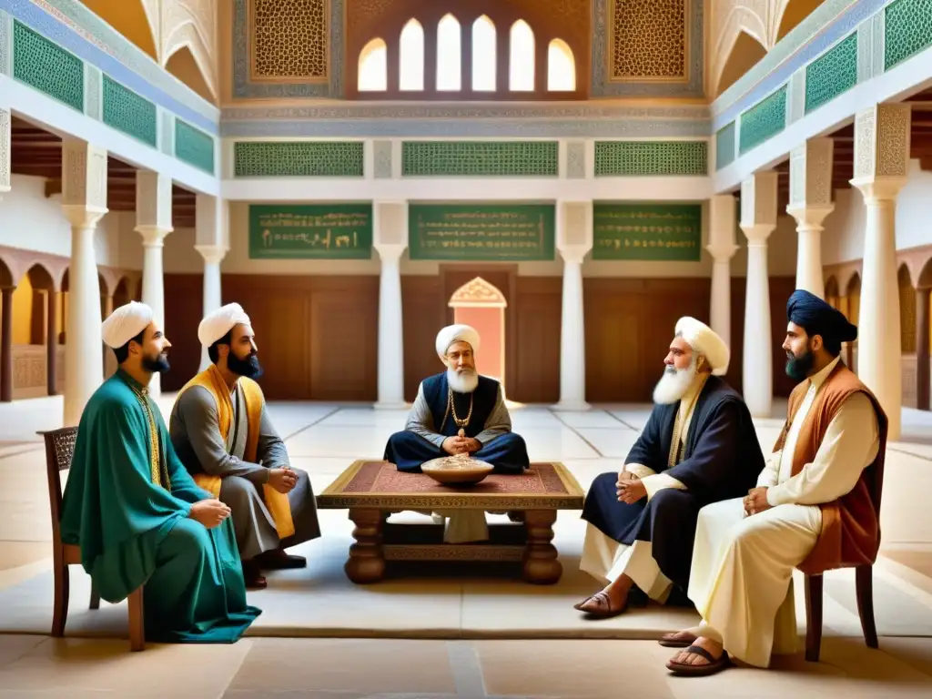 Legado AlBiruni: diálogo cultural e intercambio de conocimientos en un salón académico ricamente decorado, iluminado por la cálida luz de las velas